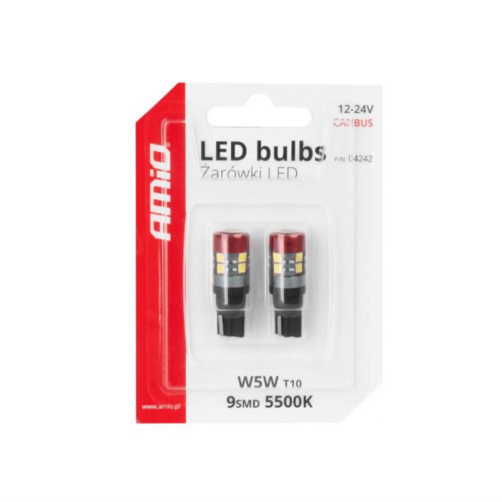 Set 2 becuri T10, cap rosu, 9 LED-uri, SMD 3030, 12-24V, W5W, 5500K, Canbus, alb, 04240 Amio