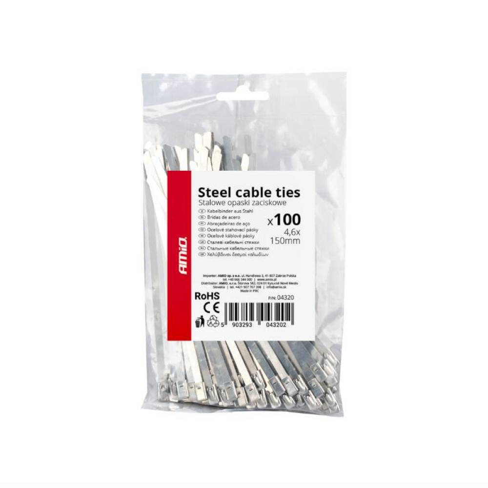 Set 100 coliere metalice, 4.6x150mm, inox, Self Lock Zip Ball, 04320 Amio