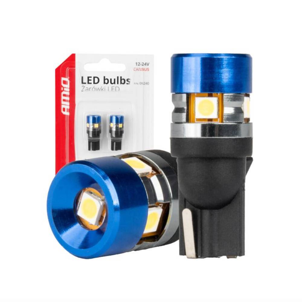 Set 2 becuri T10, cap albastru, 5 LED-uri, SMD 3030, 12-24V, W5W, 5500K, Canbus, alb, 04240 Amio