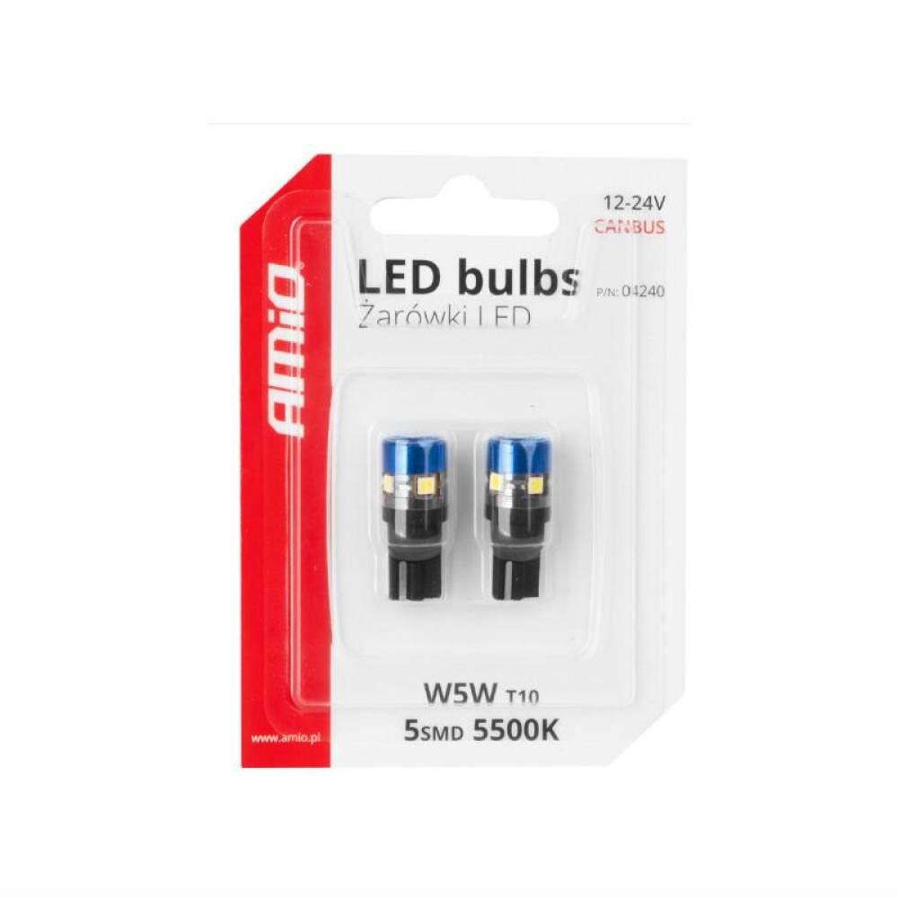 Set 2 becuri T10, cap albastru, 5 LED-uri, SMD 3030, 12-24V, W5W, 5500K, Canbus, alb, 04240 Amio