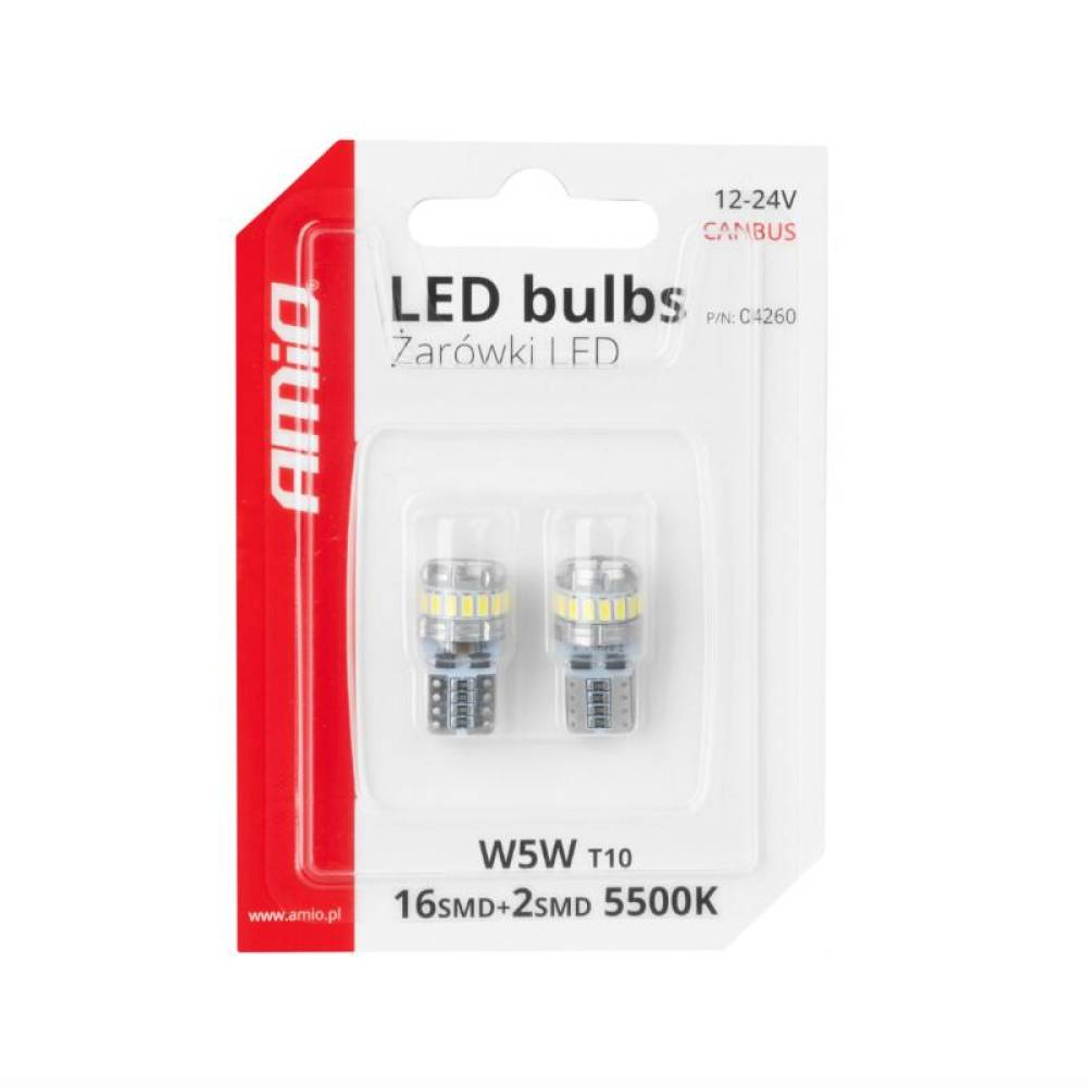 Set 2 becuri T10, 18 LED-uri, SMD 3014, 12-24V, W5W, 5500K, Canbus, alb, 04260 Amio