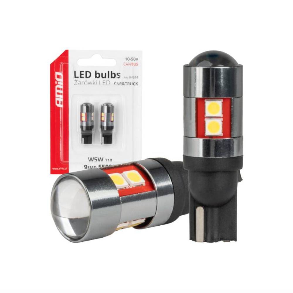 Set 2 becuri T10, 9 LED-uri, SMD 3030, 10-50V, W5W, 5500K, cu lupa, Canbus, Car&Truck 04244 Amio Set 2 becuri T10, 9 LED-uri, SMD 3030, 10-50V, W5W, 5500K, cu lupa, Canbus, Car&Truck 04244 Amio