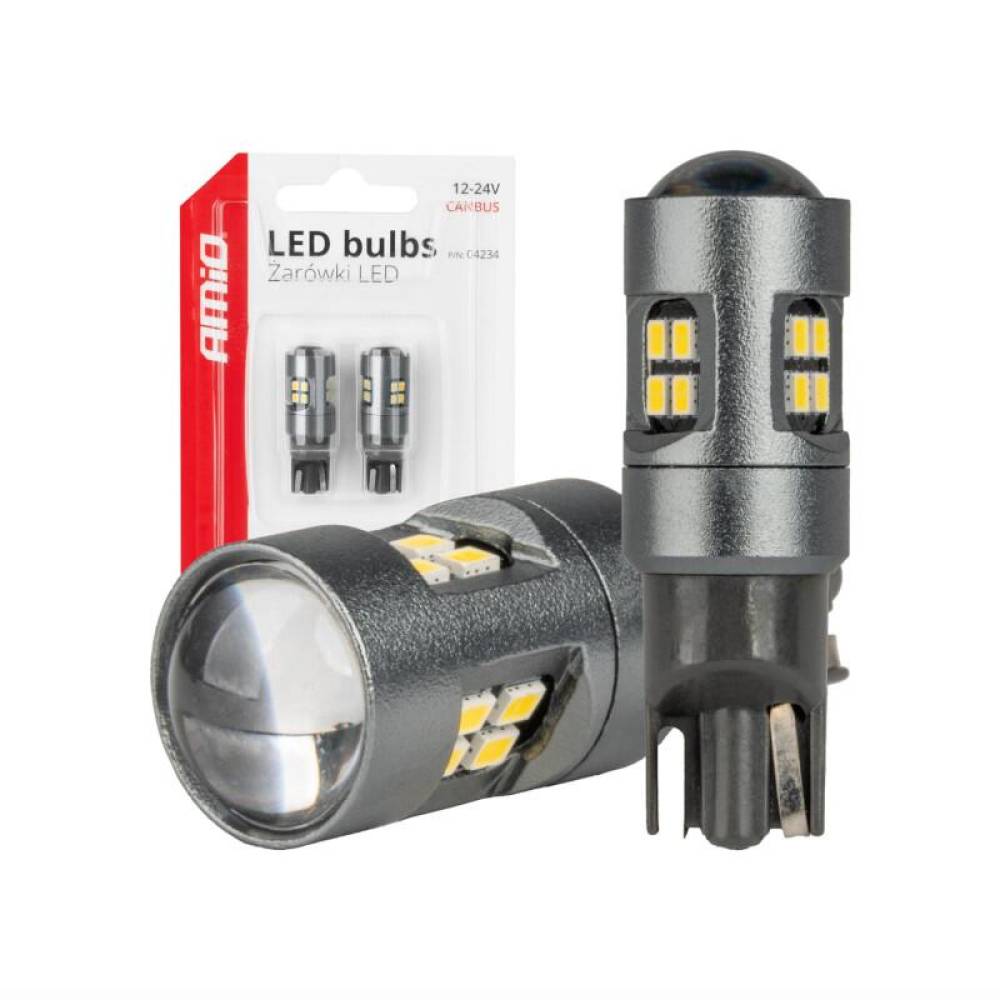 Set 2 becuri T10, 16 LED-uri, SMD 2016, 12-24V, W5W, 5500K, cu lupa, Canbus, 04234 Amio