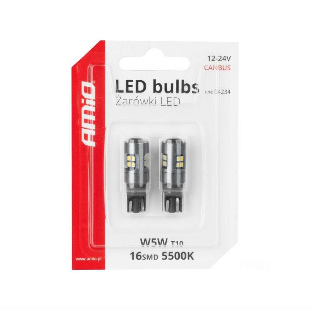 Set 2 becuri T10, 16 LED-uri, SMD 2016, 12-24V, W5W, 5500K, cu lupa, Canbus, 04234 Amio