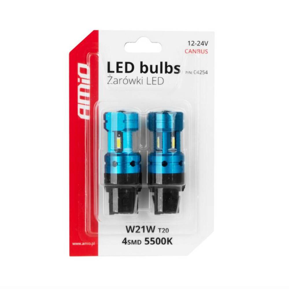 Set 2 becuri semnalizare T20, LED CSP, 12-24V, 7440 W21W, cu lupa, Canbus, alb, 04254 Amio