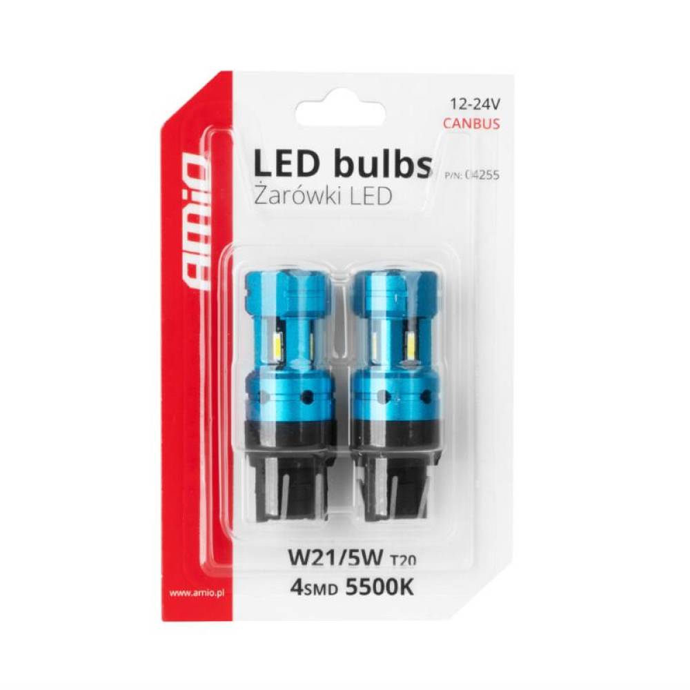 Set 2 becuri pozitie frana T20, LED CSP, 12-24V, 7443 W21/5W, cu lupa, Canbus, alb, 04255 Amio