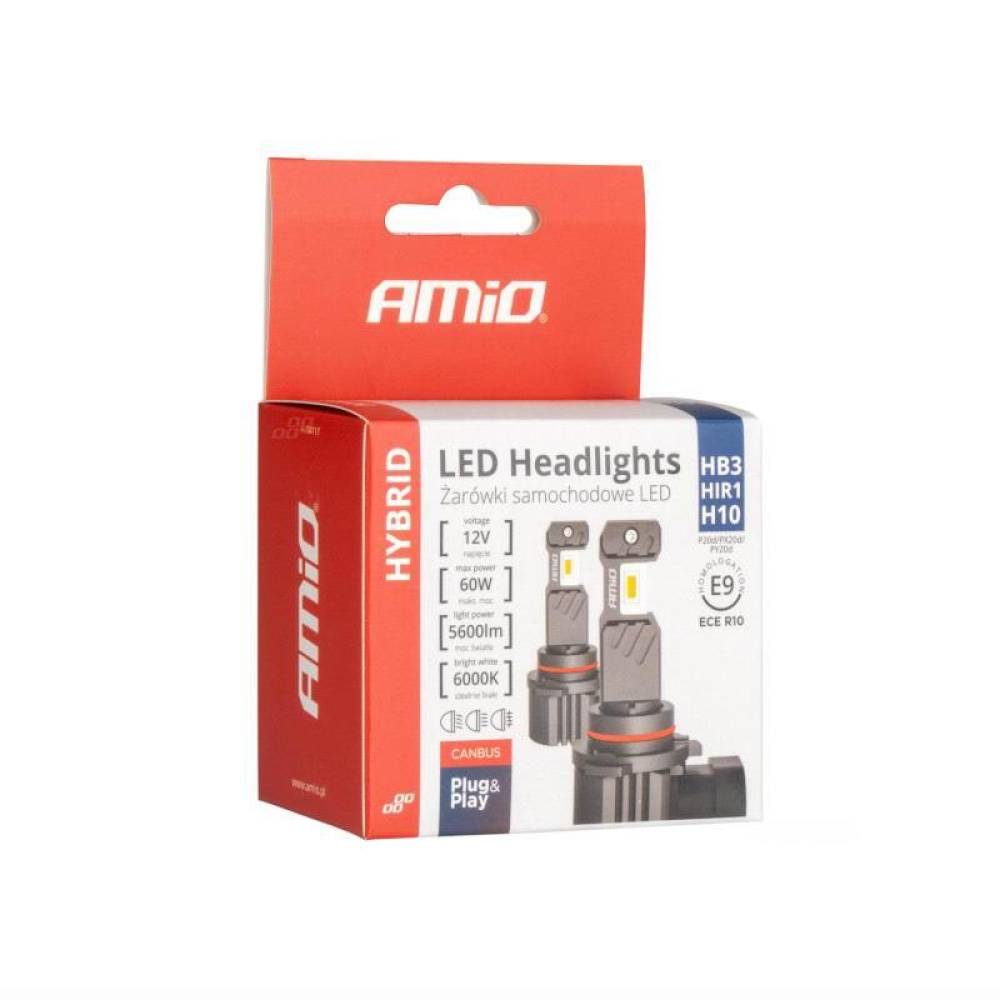 Set 2 becuri HB3, HIR1, H10, Led CSP, 12V, 60W, 5600lm, 6000K, Canbus, aluminiu, Hybrid 04117 Amio
