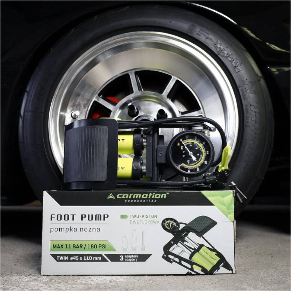 Pompa aer picior cu manometru, 2 cilindri, 2x45mm, 11 bar, 3 adaptori, 83502 Carmotion