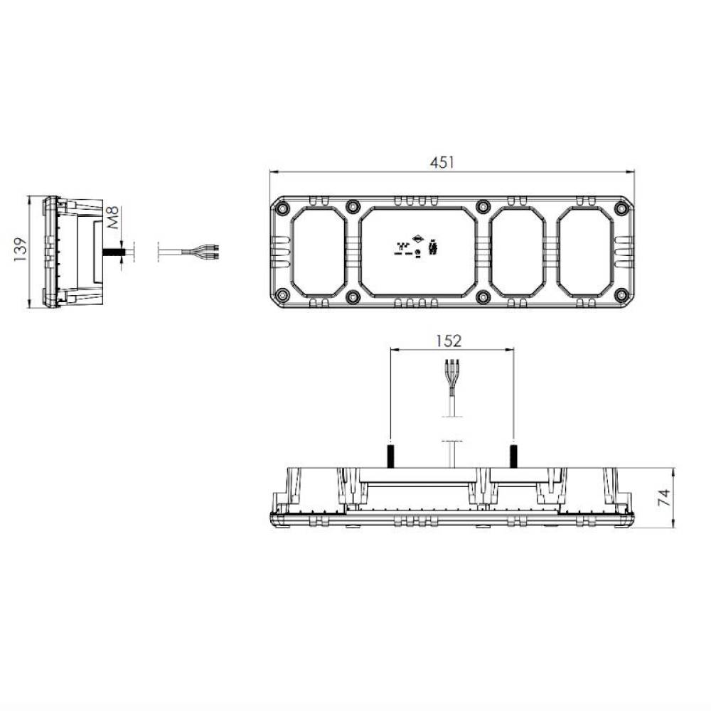 Lampa stop 450x139, 6 functii, cu ceata si mers inapoi, cu cablu 1.5m, 24V, stanga, HEAVY DUTY Horpol LZD 2854