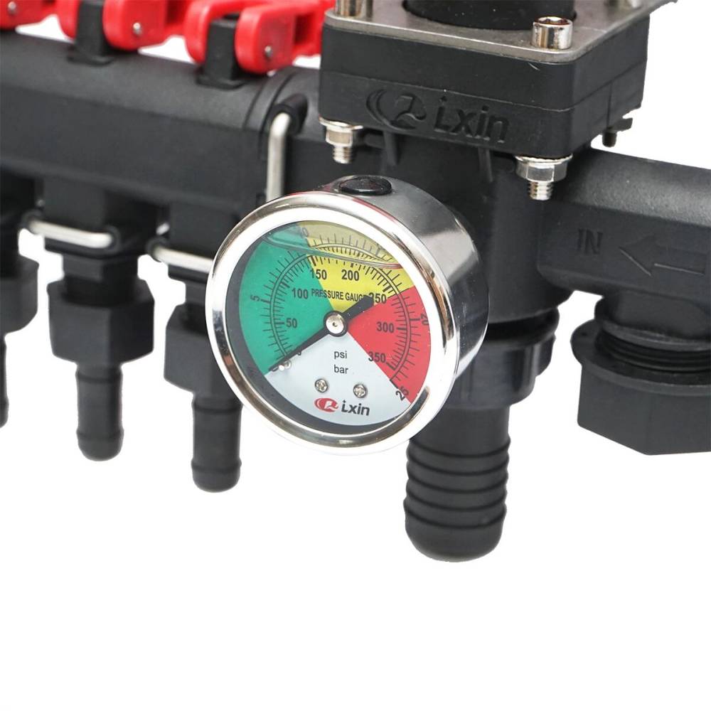 Distribuitor erbicidat 3 cai cu manometru glicerina (intrare 28mm, iesire 15mm) IXIN bs69