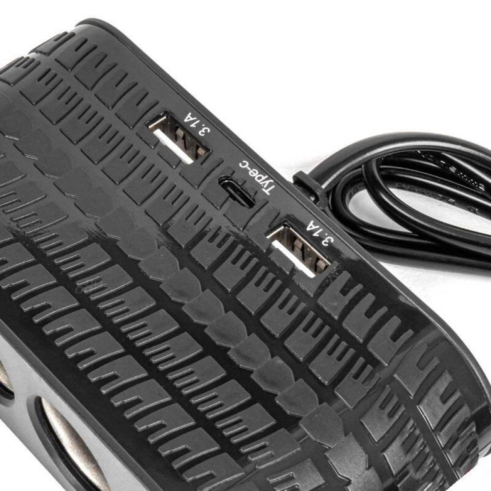 Stecher cu 4 prize, 2xUSB-A, 1xUSB-C, 12-24V, 120W, cablu 80cm, Tire Track, 04367 Amio