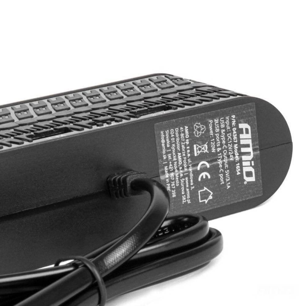 Stecher cu 4 prize, 2xUSB-A, 1xUSB-C, 12-24V, 120W, cablu 80cm, Tire Track, 04367 Amio