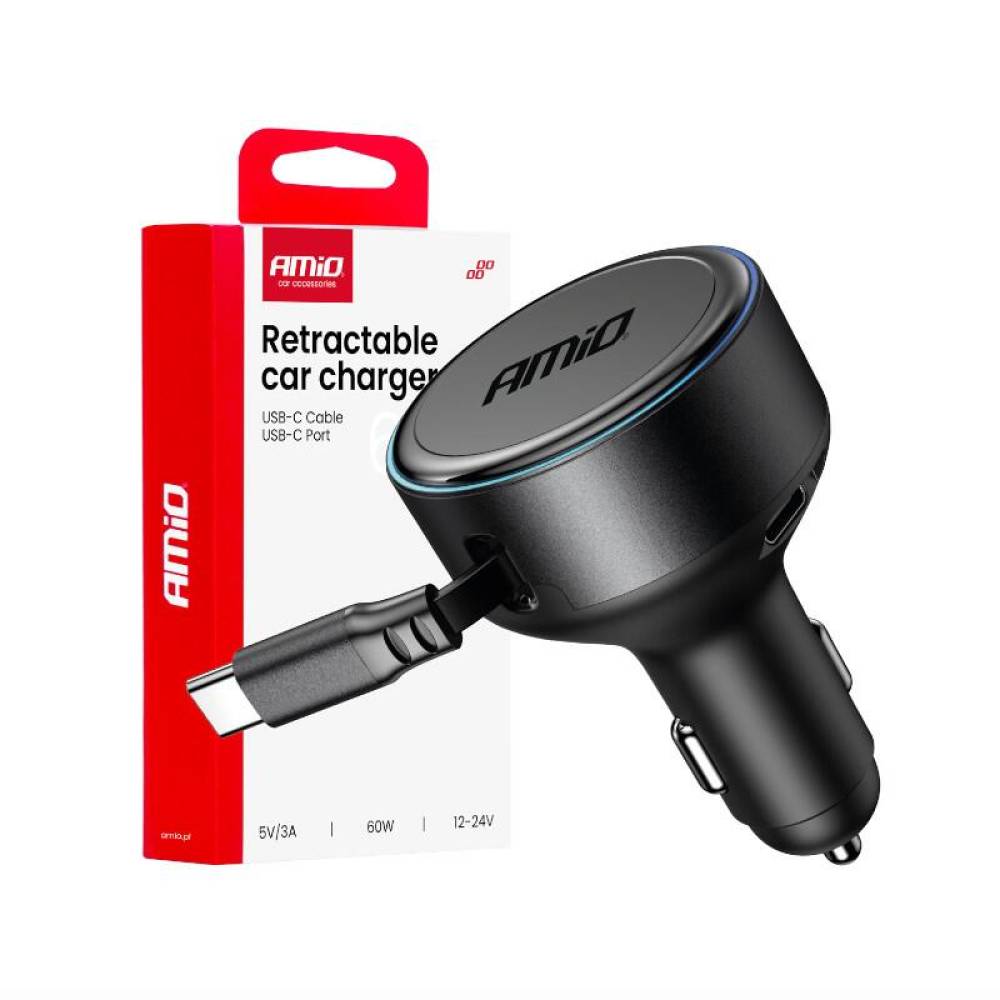 Incarcator auto 1xUSB Tip C, cu cablu retractabil USB-C, 12-24V, 60W, 04368 Amio
