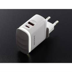 Incarcator rapid cu 2 USB-uri, priza 220V, LED, USB-C si USB-A, 25W, 3AQC, GaN PD, cu 3 adaptoare pentru prize UE, Marea Britanie și SUA, Wayme 63049 Carmotion
