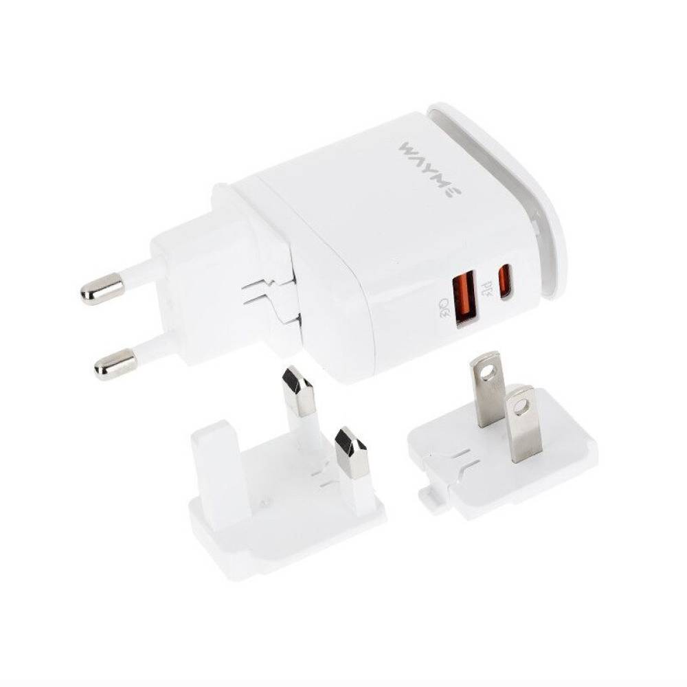 Incarcator rapid cu 2 USB-uri, priza 220V, LED, USB-C si USB-A, 25W, 3AQC, GaN PD, cu 3 adaptoare pentru prize UE, Marea Britanie și SUA, Wayme 63049 Carmotion