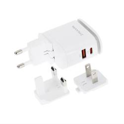 Incarcator rapid cu 2 USB-uri, priza 220V, LED, USB-C si USB-A, 25W, 3AQC, GaN PD, cu 3 adaptoare pentru prize UE, Marea Britanie și SUA, Wayme 63049 Carmotion