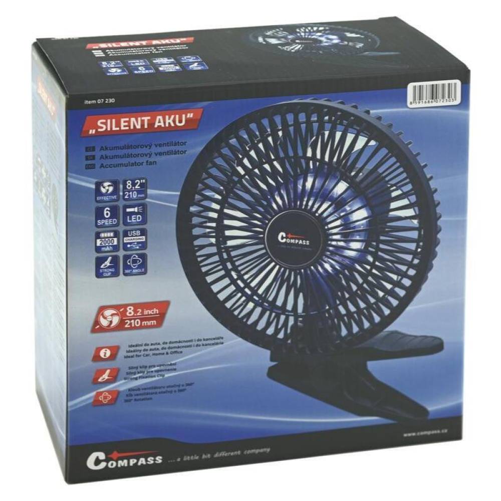Ventilator cu acumulator 2000mAh si iluminare LED, incarcare 5V USB, fi 21cm, 6viteze, prindere cu clips, 360°, Compass 07230 Ventilator cu acumulator 2000mAh si iluminare LED, incarcare 5V USB, fi 21cm, 6viteze, prindere cu clips, 360°, Compass 07230