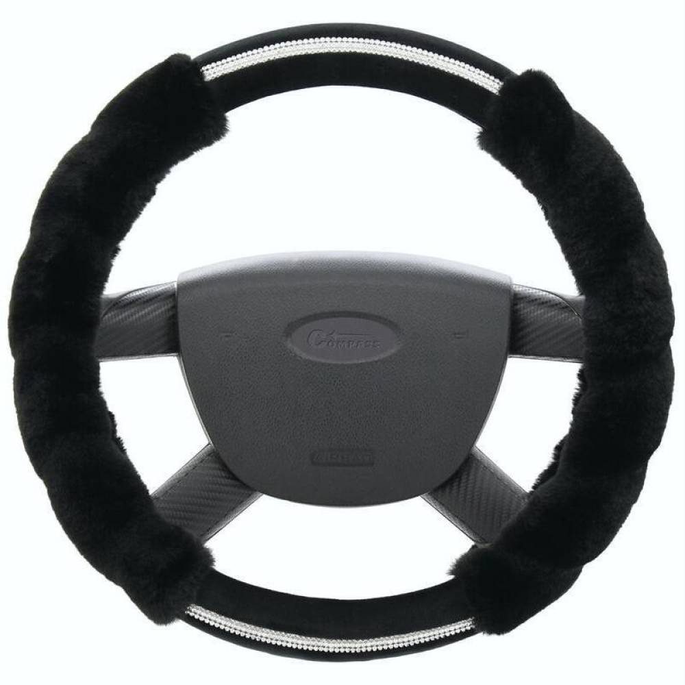 Husa volan 37-39cm, pufoasa Diamond neagra, cu diamante, Compass 31486