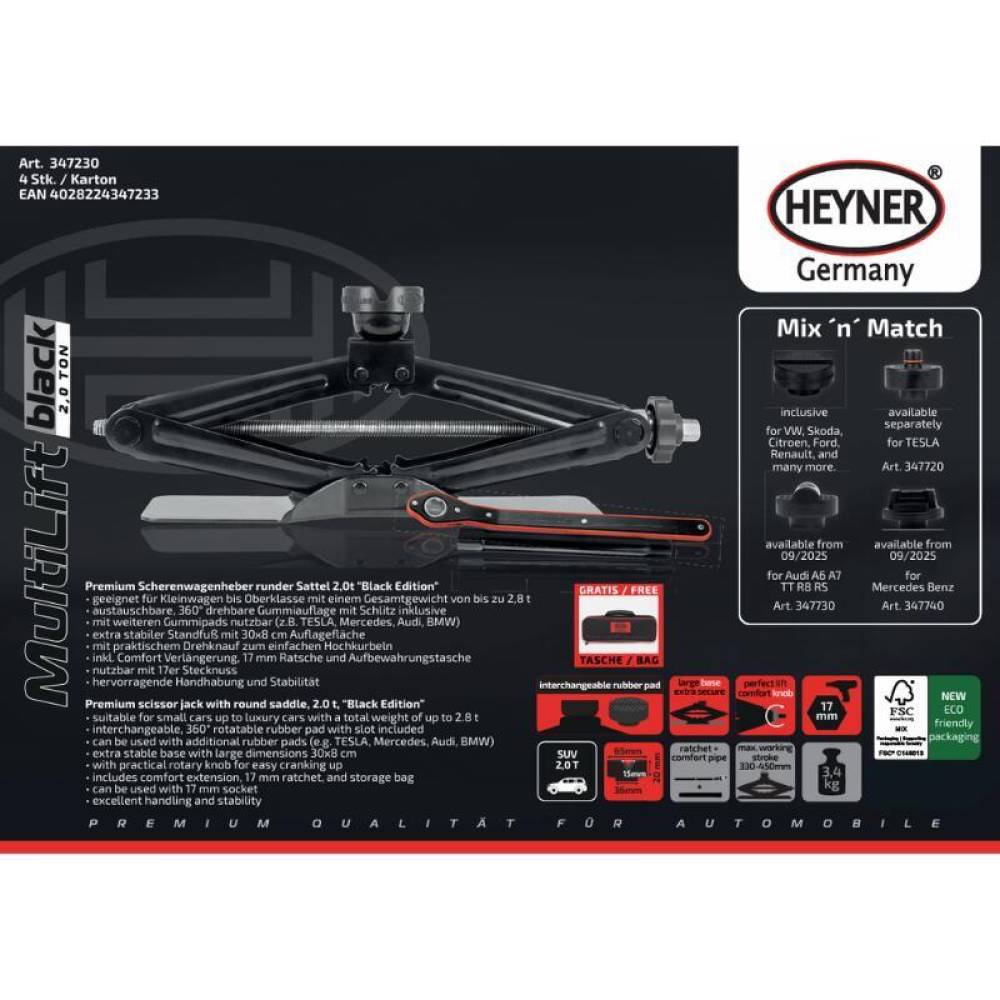 Cric foarfeca 2T, 26-38cm, baza extra lata cu cheie clicket, tampon rotund, MultiLift Black Edition, HEYNER 347.23