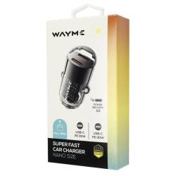 Încărcător auto cu 2 porturi USB, USB-A 18W + USB-C PD 30W, 12–24V, nano scurt cu inel, WAYME 63056