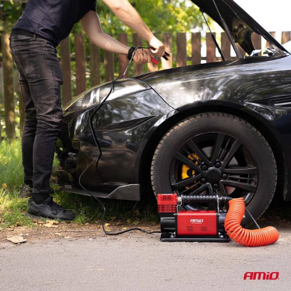 Compresor aer auto, 12V, 10bar, 600W, Heavy Duty, cu furtun de 8 m, cu cilindru metalic, Amio 04398