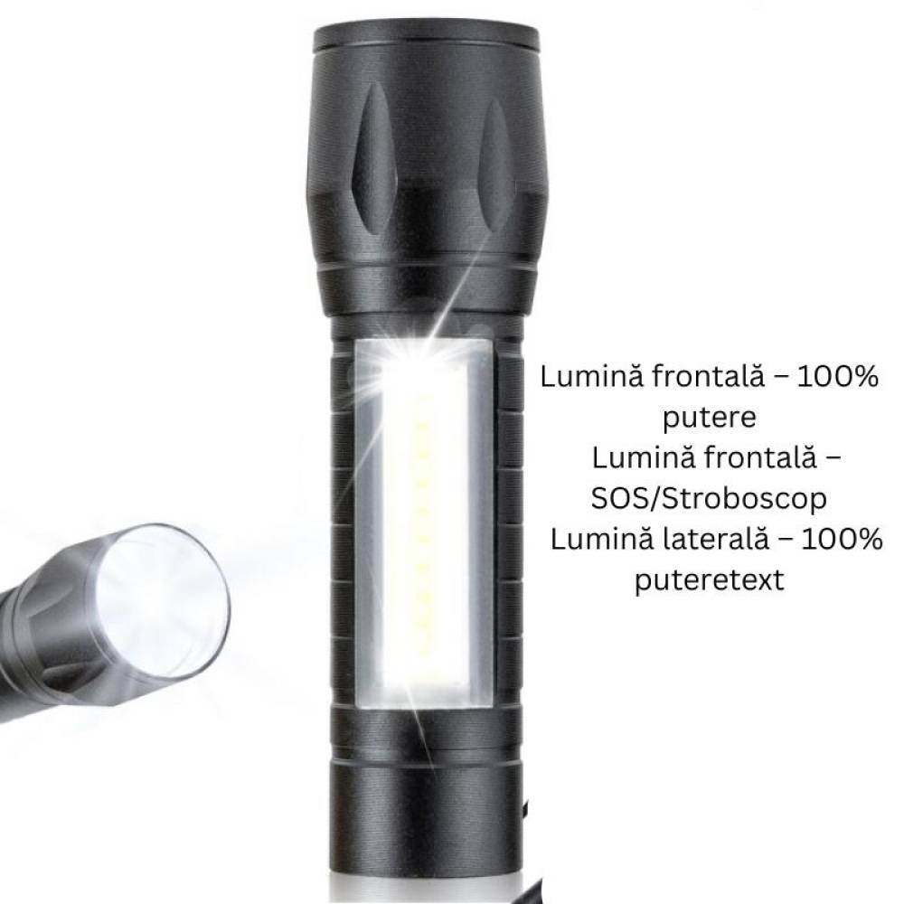 Lanternă de lucru tactică 2 în 1, cu LED COB și XPE, aluminiu, funcție Zoom, încărcare USB, b.a.m LAM050 Vergionic Lanternă de lucru tactică 2 în 1, cu LED COB și XPE, aluminiu, funcție Zoom, încărcare USB, b.a.m LAM050 Vergionic