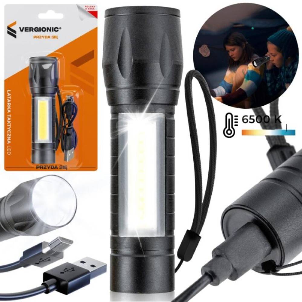 Lanternă de lucru tactică 2 în 1, cu LED COB și XPE, aluminiu, funcție Zoom, încărcare USB, b.a.m LAM050 Vergionic Lanternă de lucru tactică 2 în 1, cu LED COB și XPE, aluminiu, funcție Zoom, încărcare USB, b.a.m LAM050 Vergionic