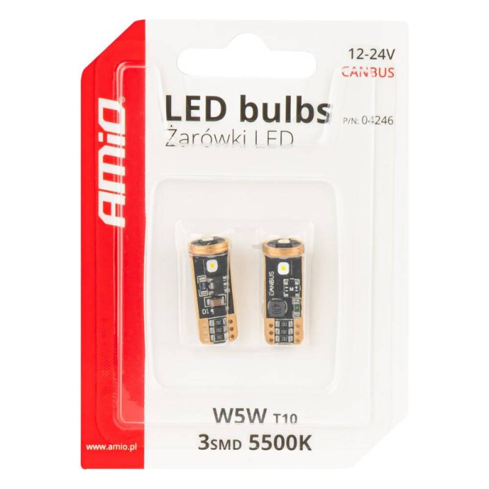 Set 2 becuri T10, W5W, 3SMD 3838, 12-24V, alb, Canbus, Amio 04246
