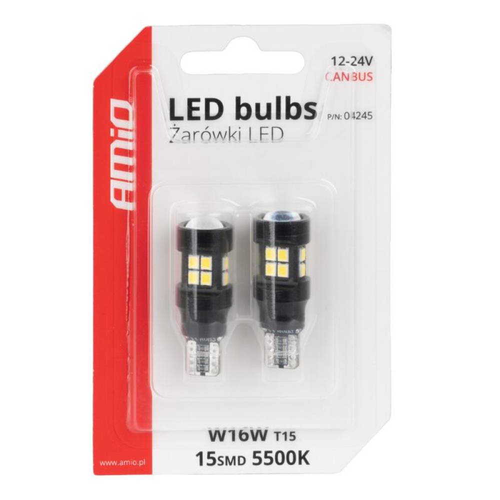 Set 2 becuri T15, 15 LED-uri tip SMD 2835, 12/24V, W16W, CANBUS, Amio 04245 Set 2 becuri T15, 15 LED-uri tip SMD 2835, 12/24V, W16W, CANBUS, Amio 04245