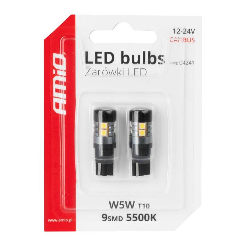 Set 2 becuri T10, 9 LED-uri tip SMD 3030, 12/24V, W5W, CANBUS, Amio 04241