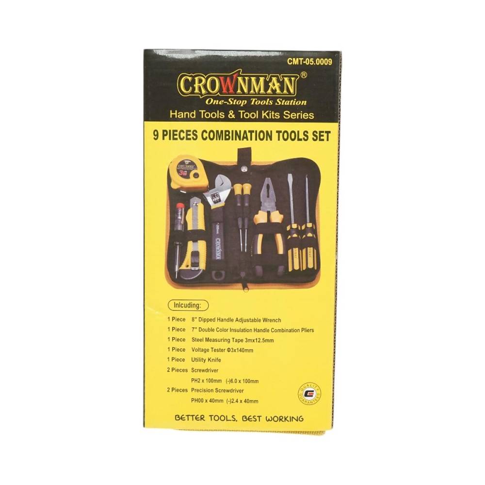 Trusă de scule 9 piese cu șurubelnițe, patent, cheie franceză, ruletă, cutter si creion tensiune Crownman CMT-05.0009, UF05
