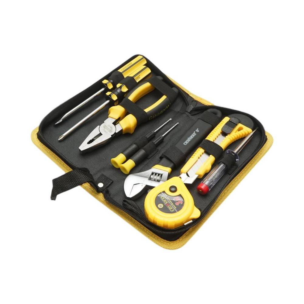Trusă de scule 9 piese cu șurubelnițe, patent, cheie franceză, ruletă, cutter si creion tensiune Crownman CMT-05.0009, UF05