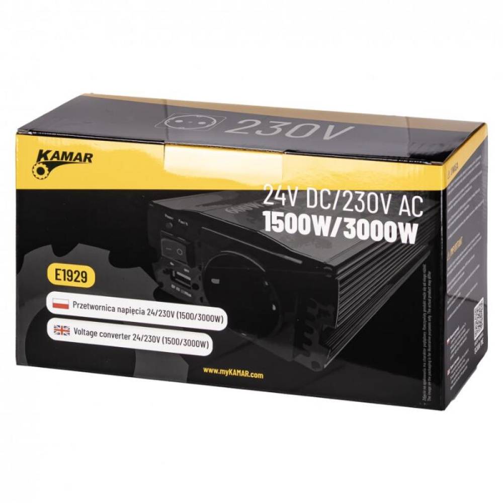 Invertor auto 24V la 230V, 1500W/3000W, priză Schuko cu USB de 2.4 A, Kamar E1929 