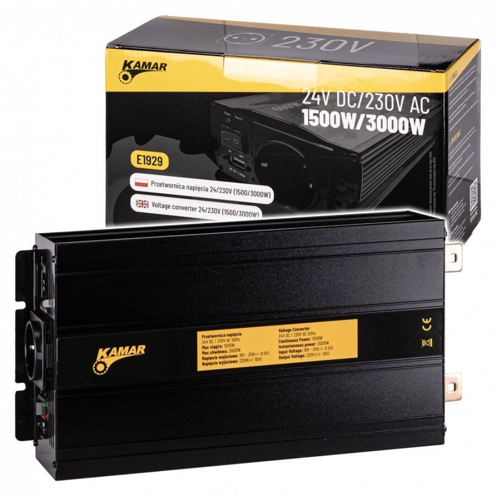 Invertor auto 24V la 230V, 1500W/3000W, priză Schuko cu USB de 2.4 A, Kamar E1929 