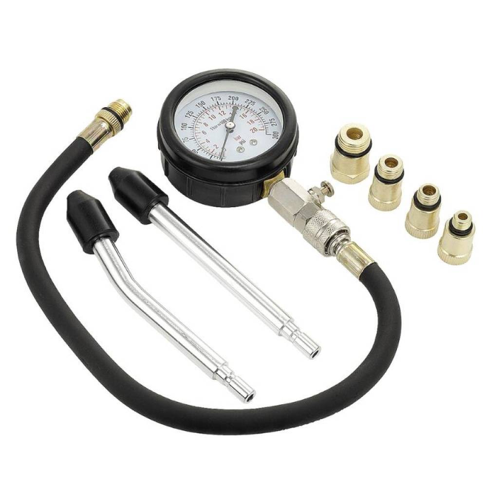 Set testare compresie cilindri pentru motoare pe benzină, cu manometru și adaptoare, Carmotion 63579 Set testare compresie cilindri pentru motoare pe benzină, cu manometru și adaptoare, Carmotion 63579