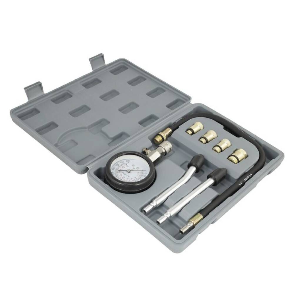 Set testare compresie cilindri pentru motoare pe benzină, cu manometru și adaptoare, Carmotion 63579 Set testare compresie cilindri pentru motoare pe benzină, cu manometru și adaptoare, Carmotion 63579
