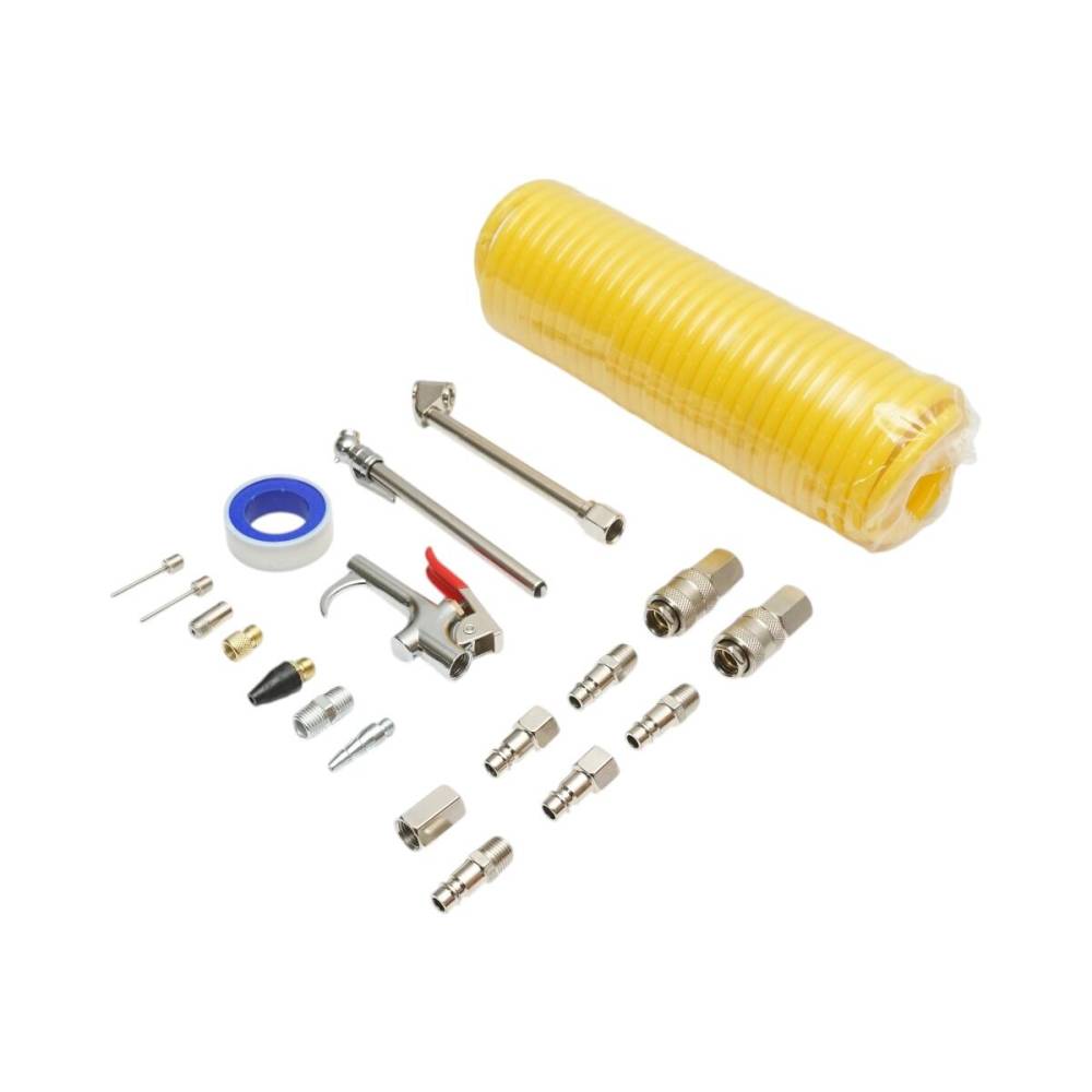 Set accesorii compresor aer, cu furtun spiralat, pistol suflare, conectori, duze si cuple rapide universale, set 20piese, RK49