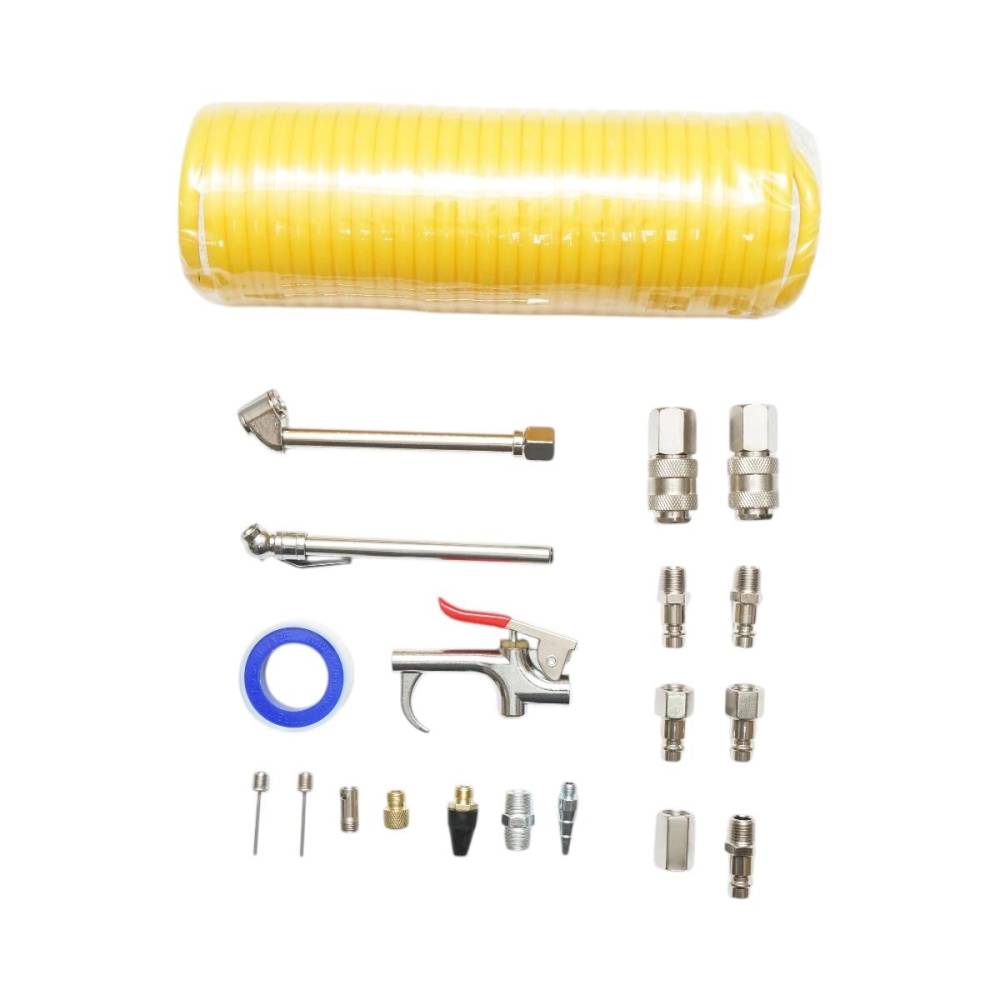 Set accesorii compresor aer, cu furtun spiralat, pistol suflare, conectori, duze si cuple rapide universale, set 20piese, RK49