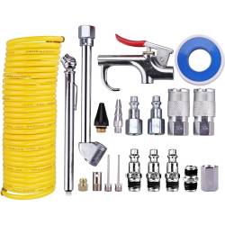 Set accesorii compresor aer, cu furtun spiralat, pistol suflare, conectori, duze si cuple rapide universale, set 20piese, RK49