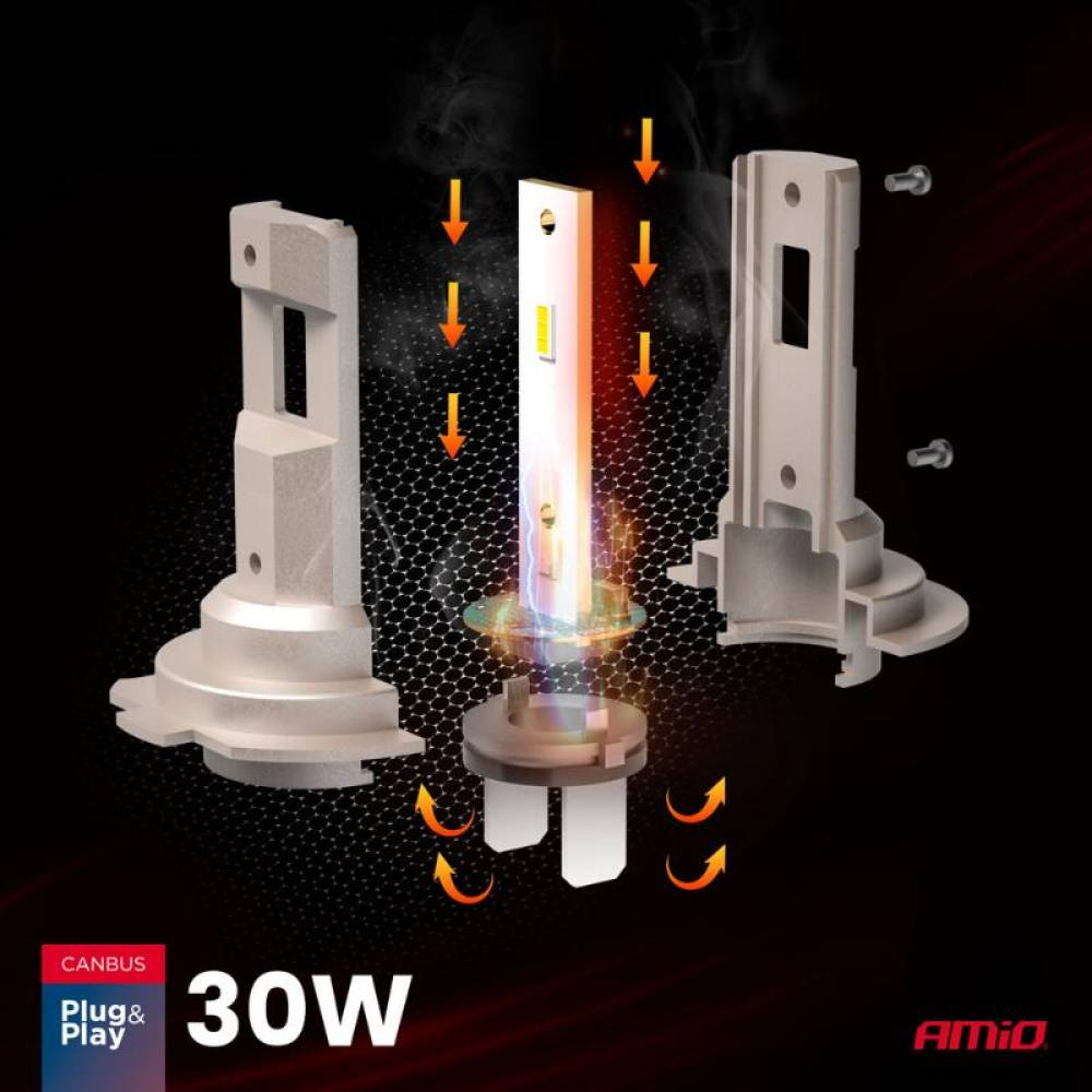 Set 2 becuri, H7 / H18, 2 Led-uri, 12V, 30W, 2710lm, 6000k, AMIO 04712 Set 2 becuri, H7 / H18, 2 Led-uri, 12V, 30W, 2710lm, 6000k, AMIO 04712