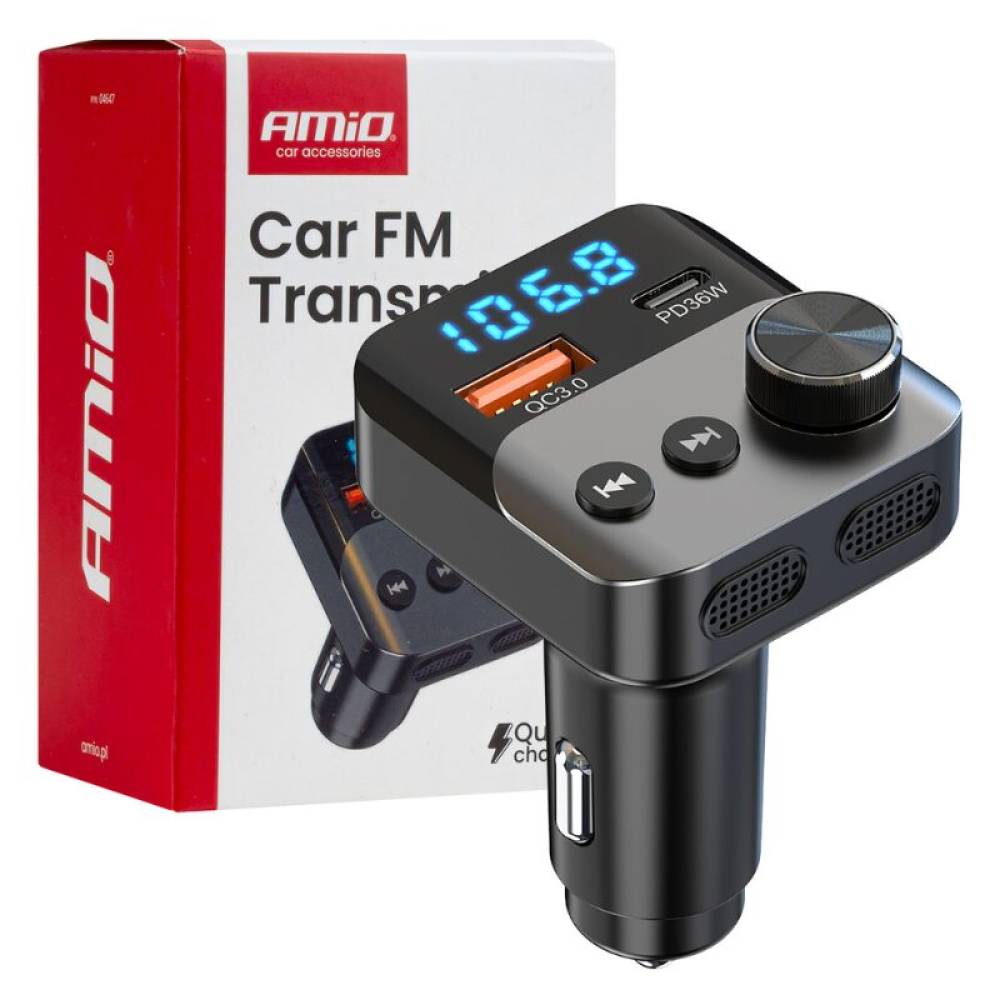 Transmitator FM MP3, 2×USB, QC3, PD36W, 12V-24V, Amio 04647