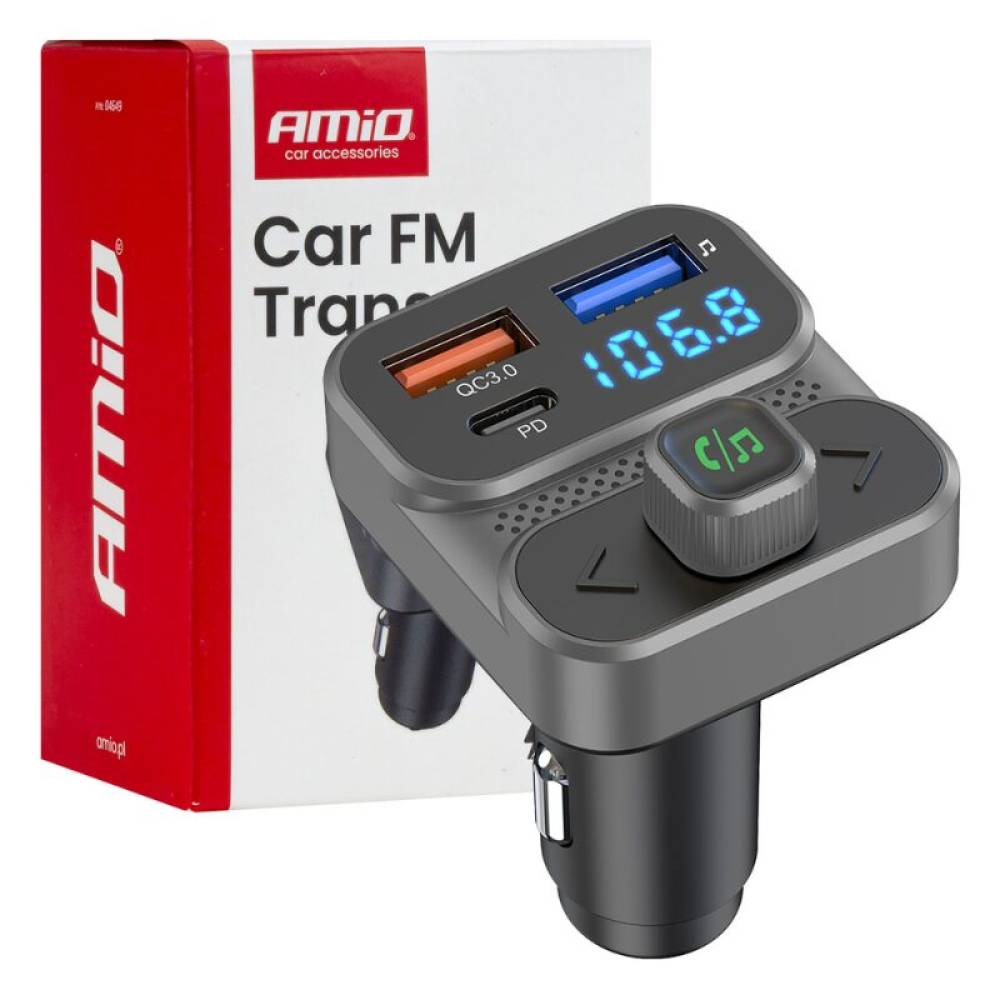 Transmitator FM MP3, 3×USB, QC3, PD36W, 12V-24V, Amio 04649