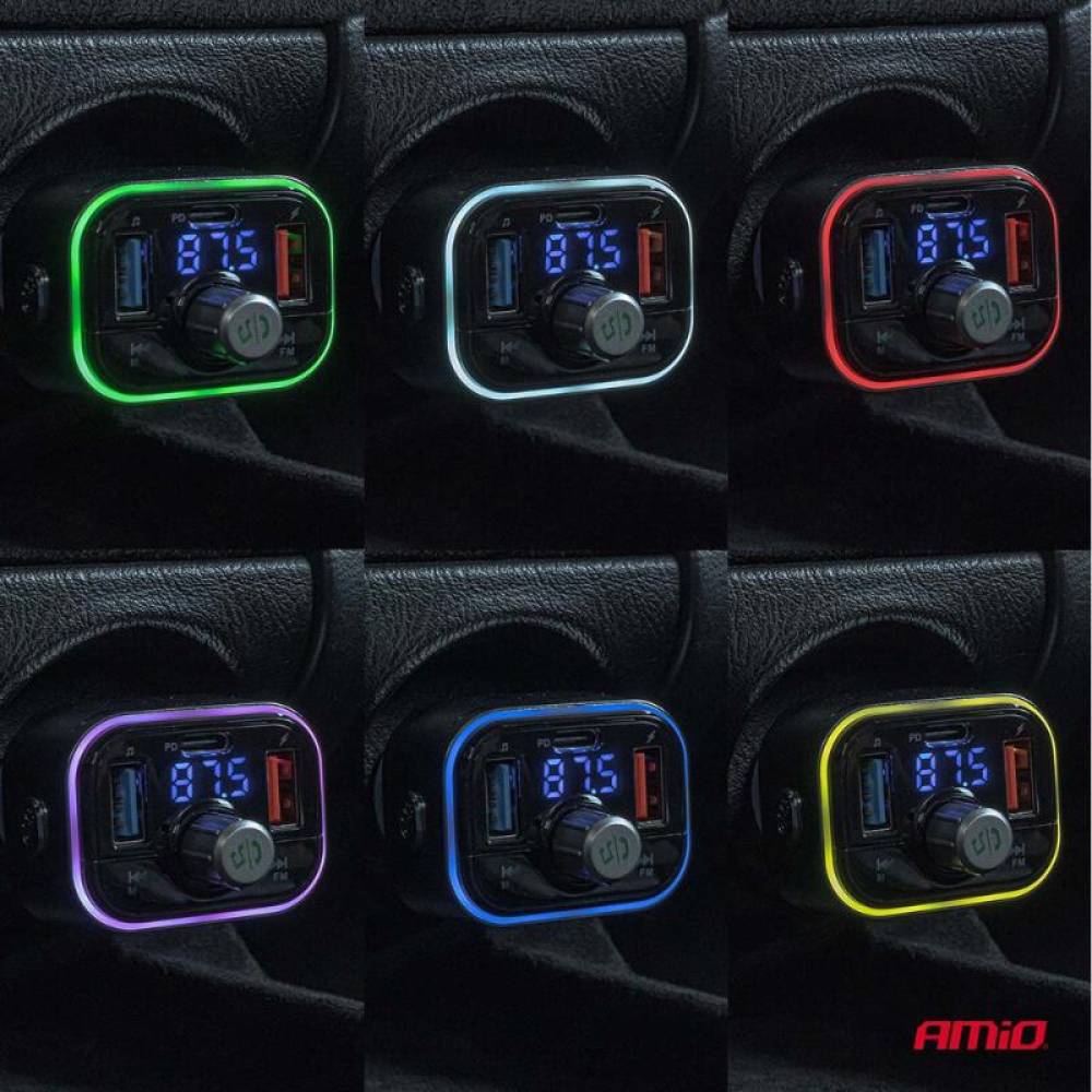 Transmitator MP3, 3×USB, QC3, PD, microSD, 12V-24V, Amio 04652