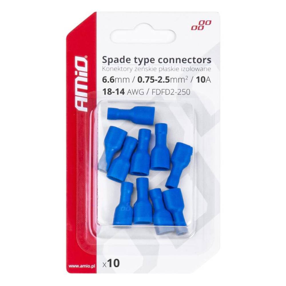 Papuci electrici fisa plata Mama, 6.6mm, 0.75-2.5mm2, 15A , izolat, albastru, set 10 bucati, Amio 03068