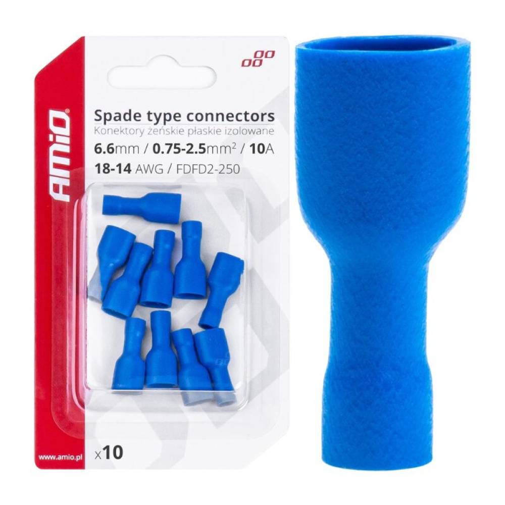 Papuci electrici fisa plata Mama, 6.6mm, 0.75-2.5mm2, 15A , izolat, albastru, set 10 bucati, Amio 03068