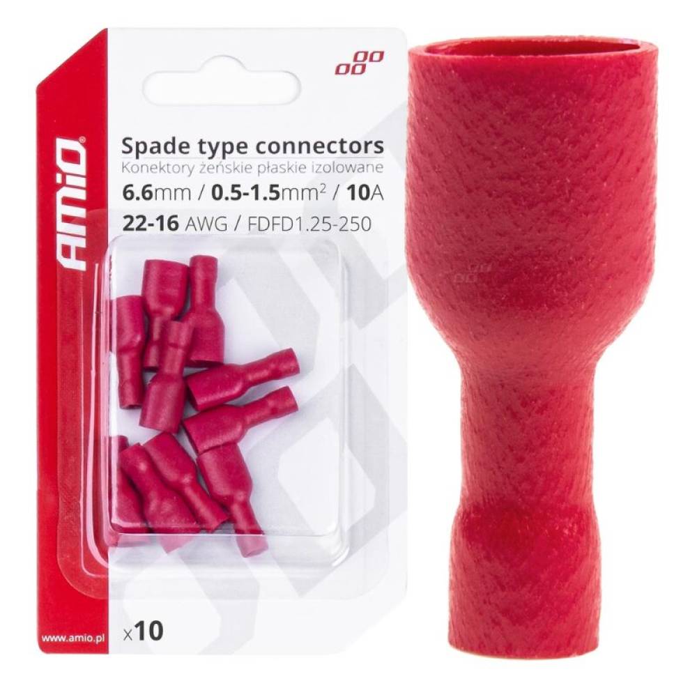 Papuci electrici fisa plata Mama, 6.6mm, 0.5 -1.5mm2, 10A , izolat, set 10 bucati, Amio 03063