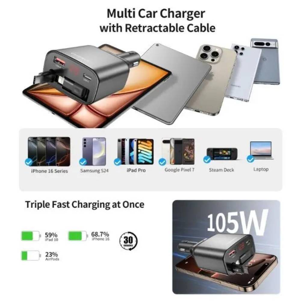 Încărcător auto cu USB-A și USB-C, QC 30W, cablu retractabil 45W cu adaptor iPhone și voltmetru CHOETECH TC0033