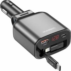 Încărcător auto cu USB-A și USB-C, QC 30W, cablu retractabil 45W cu adaptor iPhone și voltmetru CHOETECH TC0033