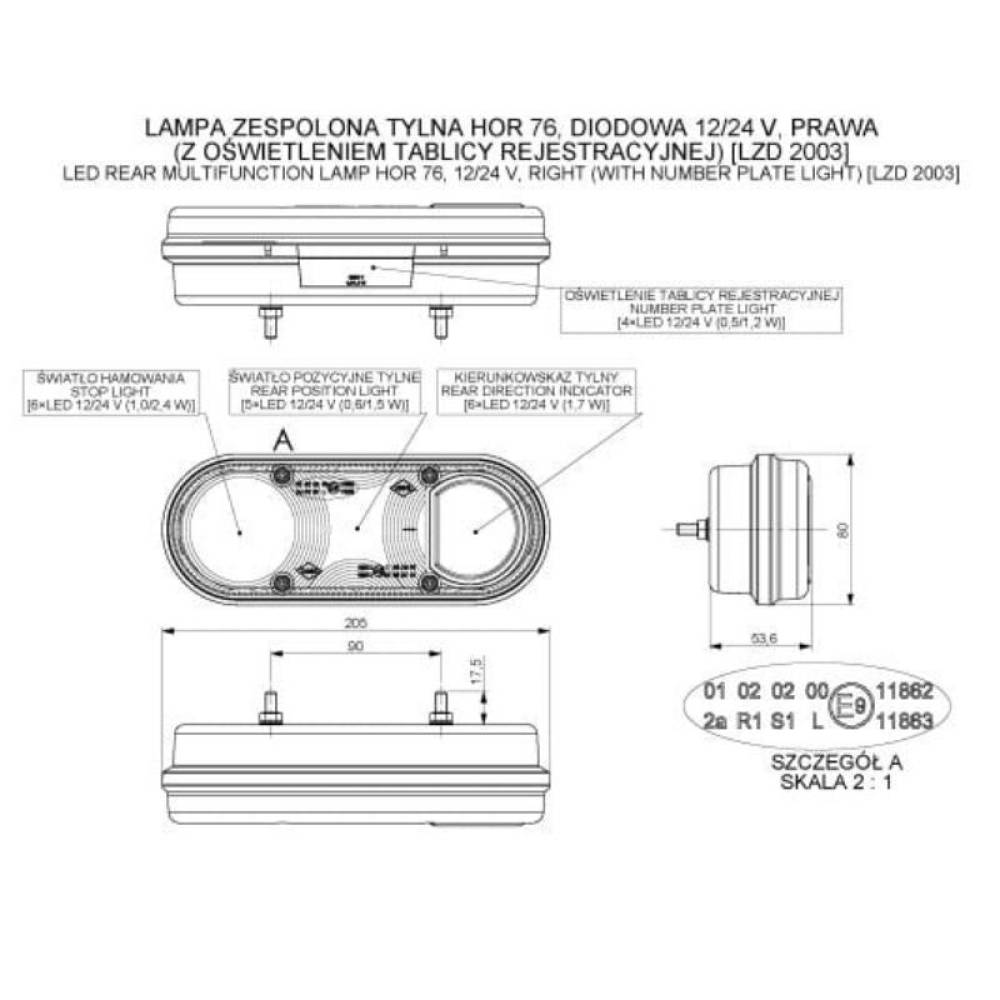 Lampa stop, 205x80, 4 functii cu numar, 12-24V, cablu 2m, stanga, LZD2003 Horpol