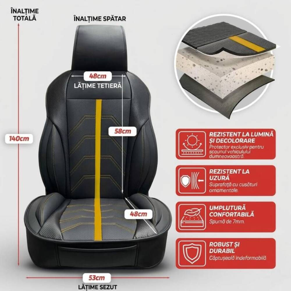Husa pentru 1 scaun peste tetiera, cu laterale, negru cu galben, Potenza, Swissdrive PTNZYLW